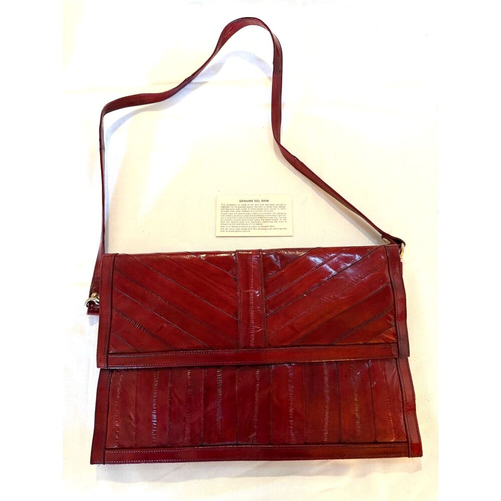 Vintage Eel Skin Crossbody Handbag Red Many Compartments